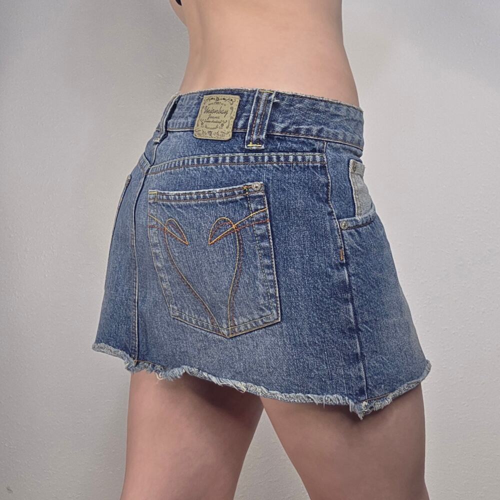Vintage Y2K Unionbay Denim Micro Mini Skirt Raw Hem Low Rise Small McBling